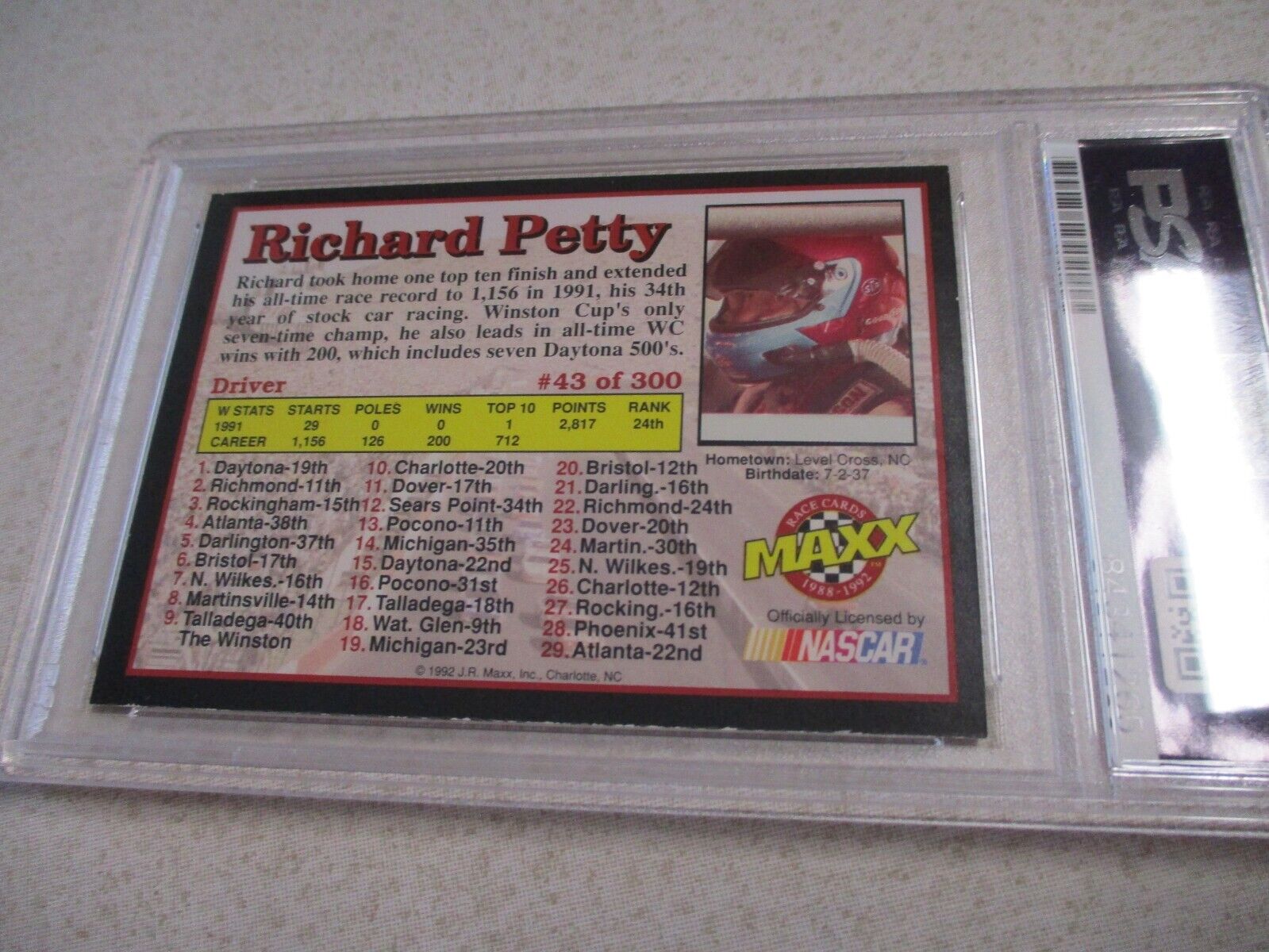 Nascar Driver Richard Petty Autographed Signed 1992 Maxx Card PSA Slab