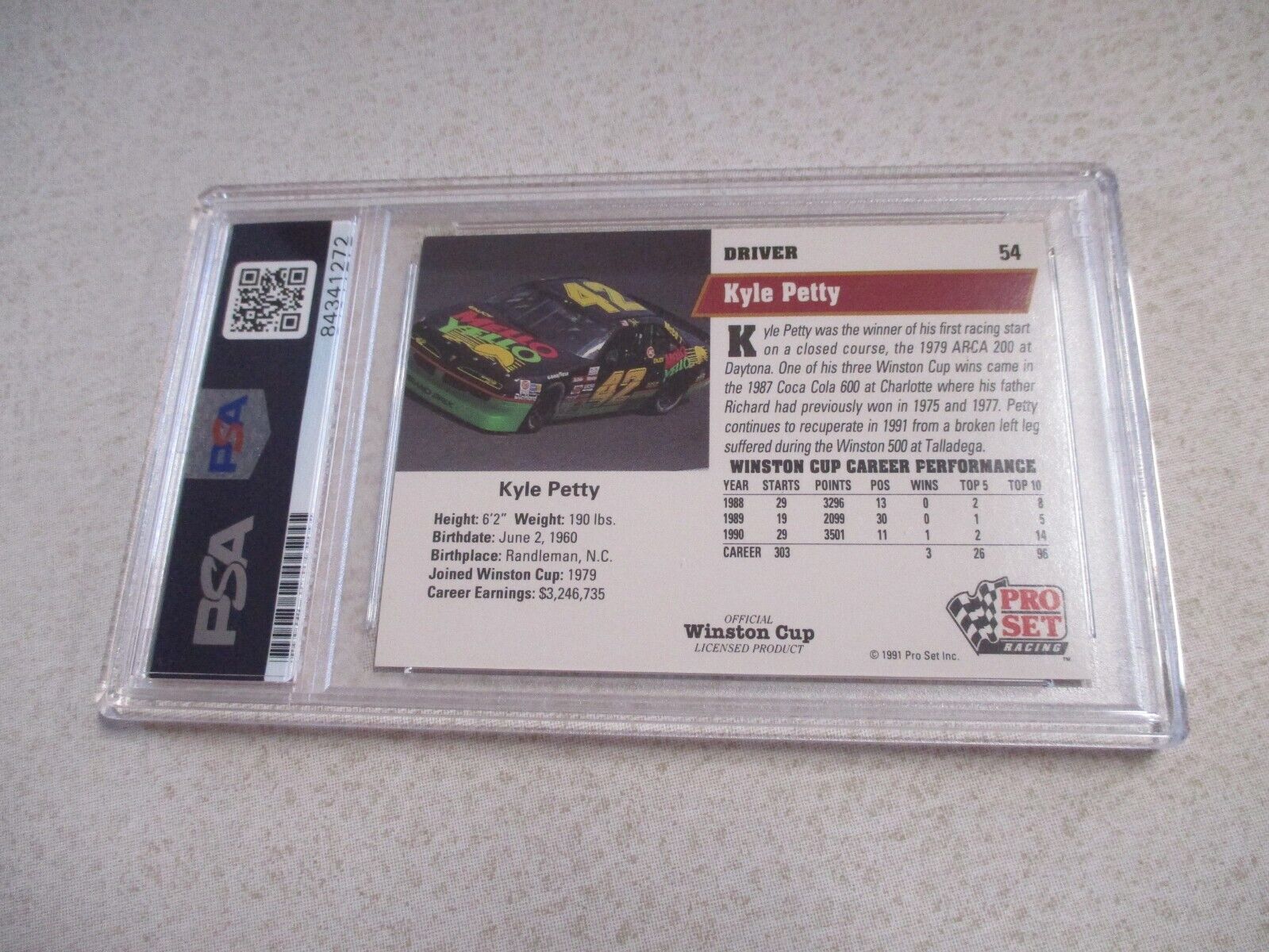 Nascar Kyle Petty Autographed Signed 1991 Pro Set Winston Cup Card #54 PSA Slab