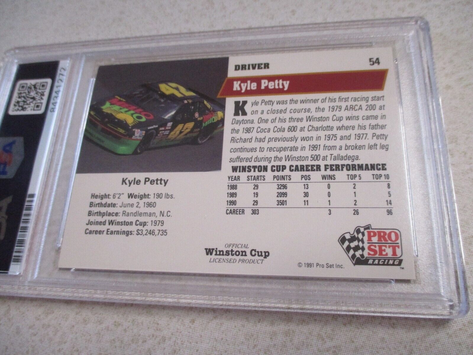 Nascar Kyle Petty Autographed Signed 1991 Pro Set Winston Cup Card #54 PSA Slab