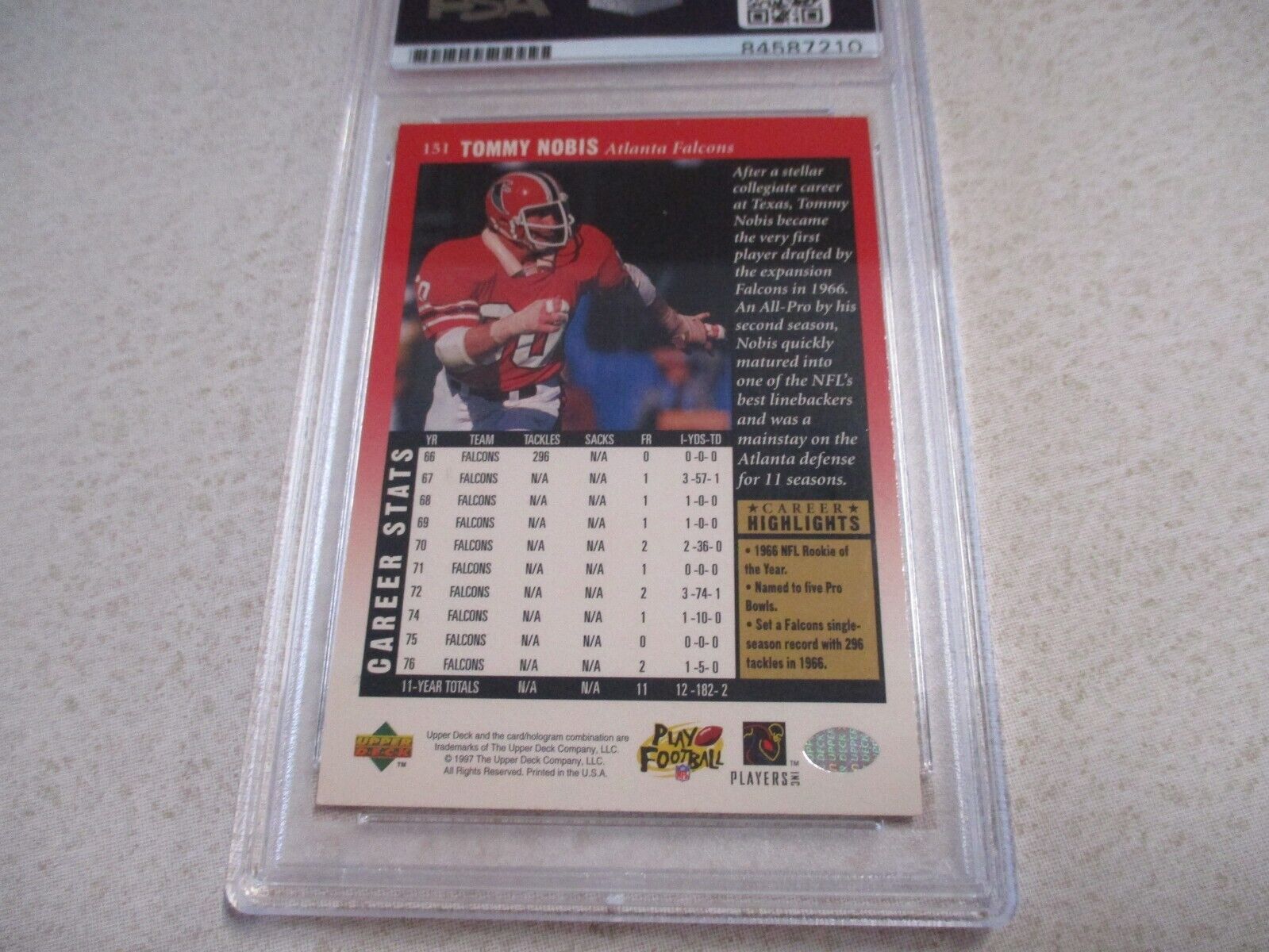 Tommy Nobis  Falcons Autographed Signed 1997 Upper Deck Card #151 PSA Slab