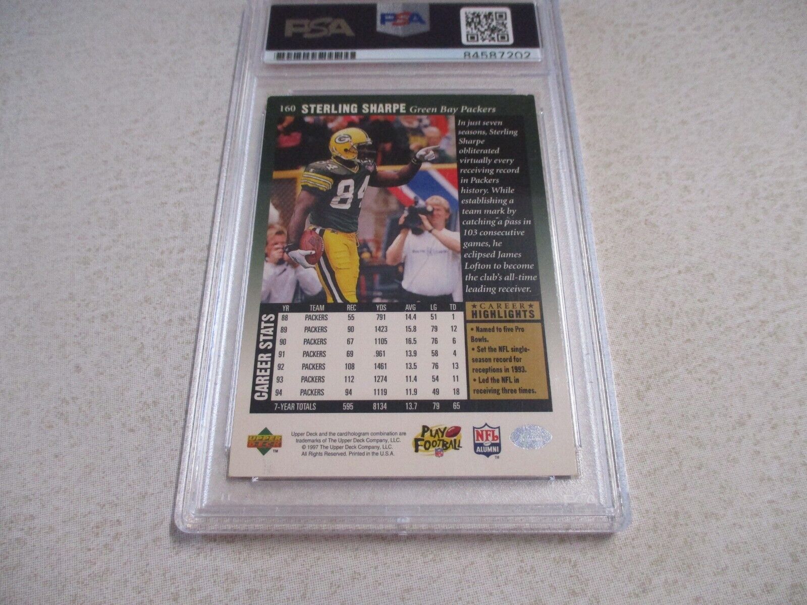 Sterling Sharpe Packers Autographed Signed 1997 Upper Deck Card#160 PSA Slab