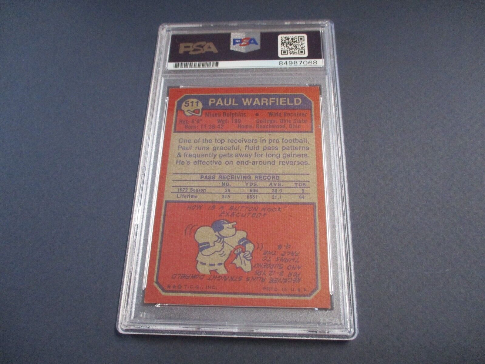 Paul Warfield Miami Dolphins Autographed Signed 1973 Topps Card #511 PSA Slab