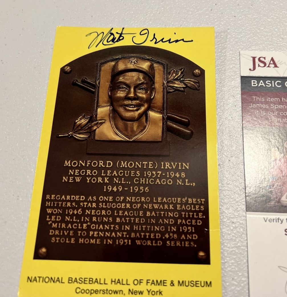 Monte Irvin NY Giants MLB Autographed Gold Hall Of Fame Post Card JSA Auth.