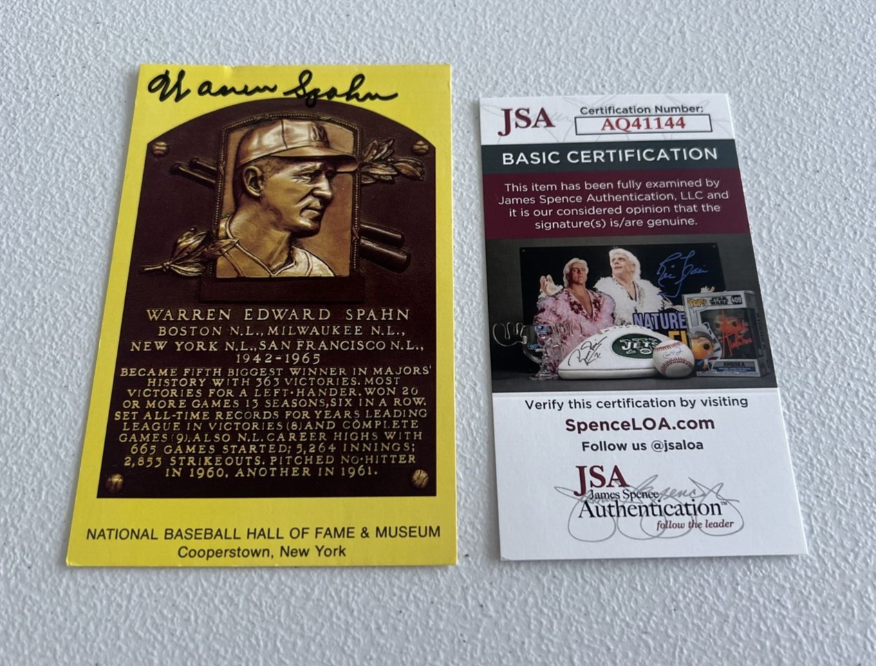 Warren Spahn Braves MLB Autographed Gold Hall Of Fame Post Card JSA Auth.