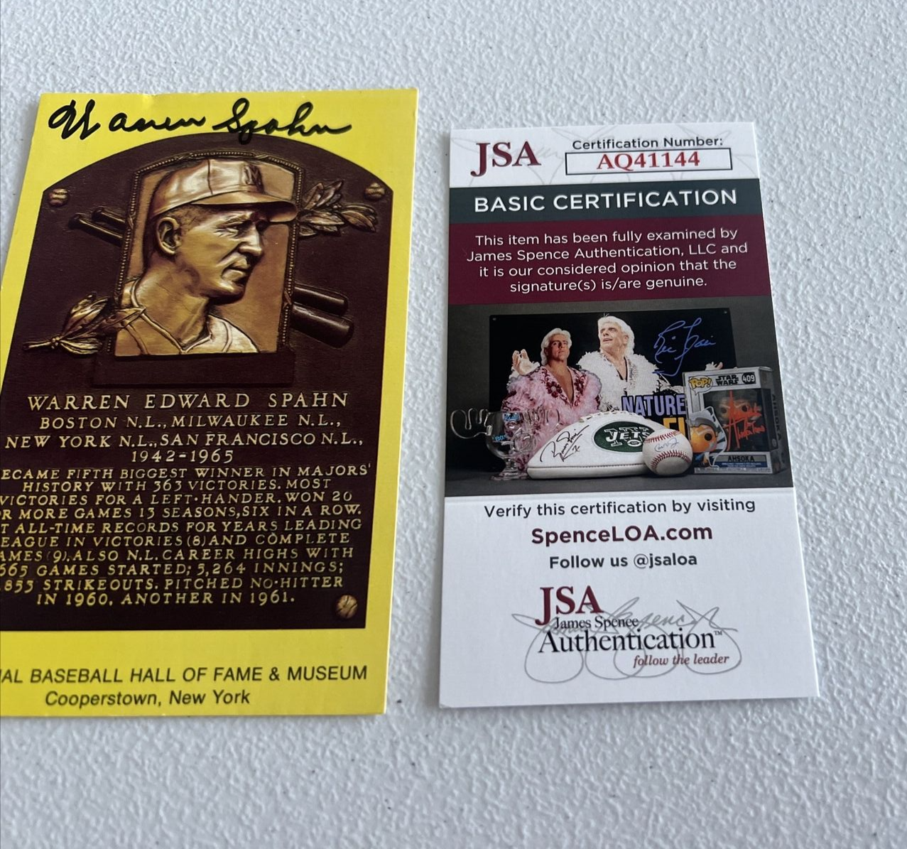 Warren Spahn Braves MLB Autographed Gold Hall Of Fame Post Card JSA Auth.