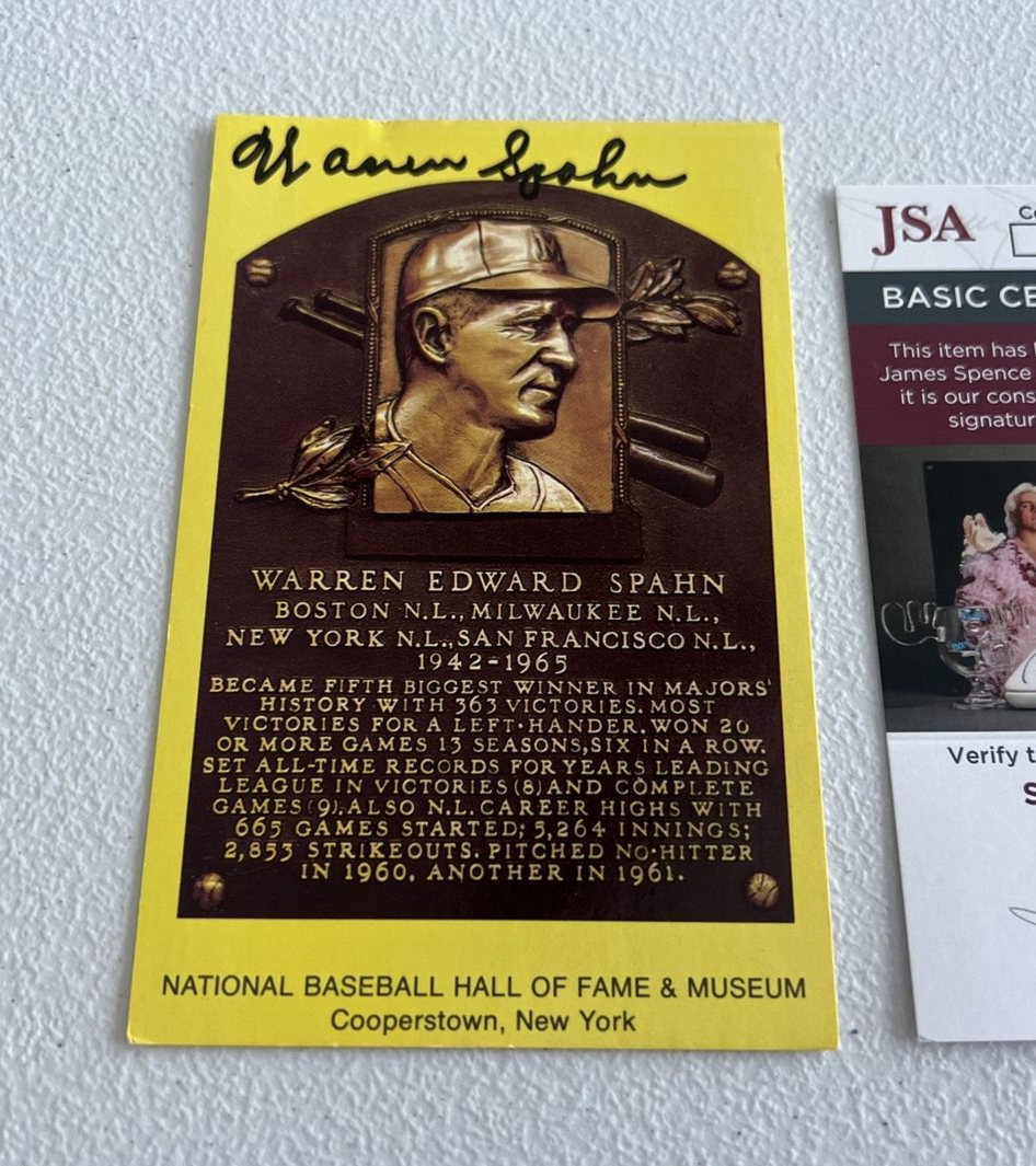 Warren Spahn Braves MLB Autographed Gold Hall Of Fame Post Card JSA Auth.