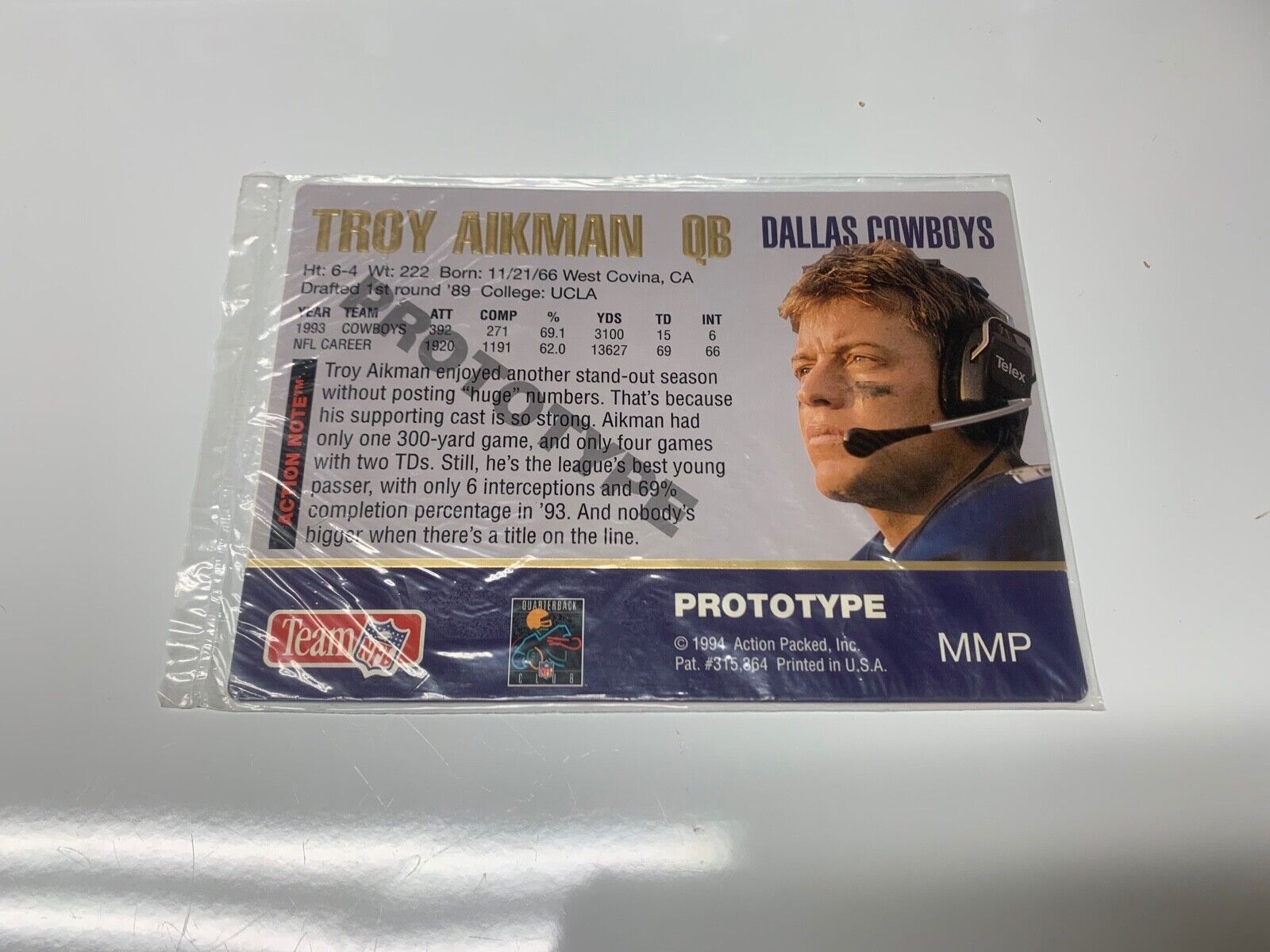 Troy Aikman 1994 Action Packed Mammoth Prototype USA Printed Card New in Pack