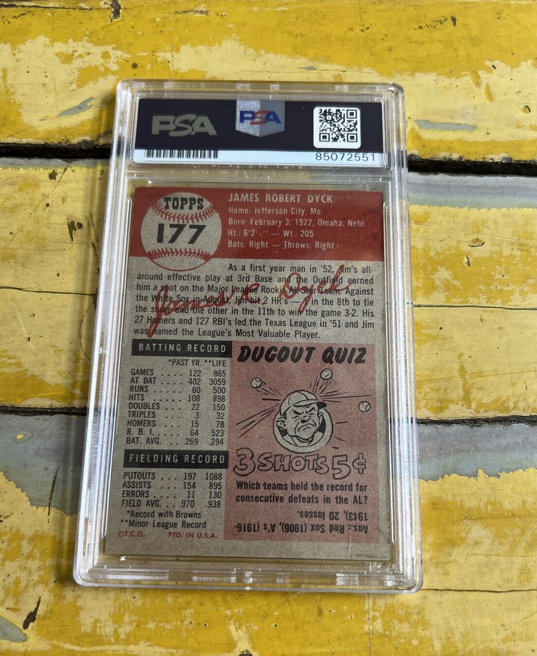 MLB Jim Dyck Browns Autographed Signed Vintage 1953 Topps Card #177 PSA Slab