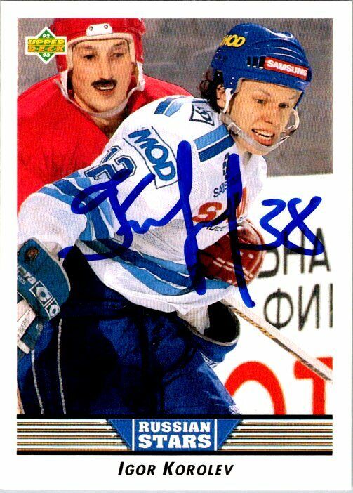 Igor Korolev Moscow Dynamo Hand Signed 1992-93 Upper Deck Hockey Card #338 NM-MT