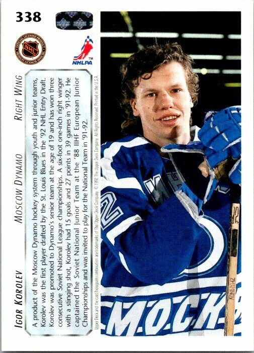 Igor Korolev Moscow Dynamo Hand Signed 1992-93 Upper Deck Hockey Card #338 NM-MT