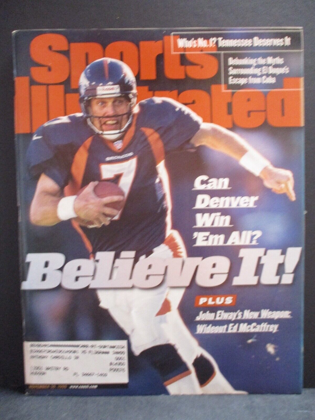 Sports Illustrated Magazine Nov 30 1998 John Elway Broncos Cover Ship Label VG