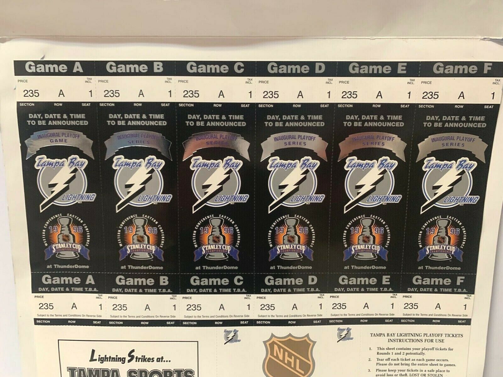 Tampa Bay Lightning Full Set Playoff Commemorative Tickets 1995-1996 season