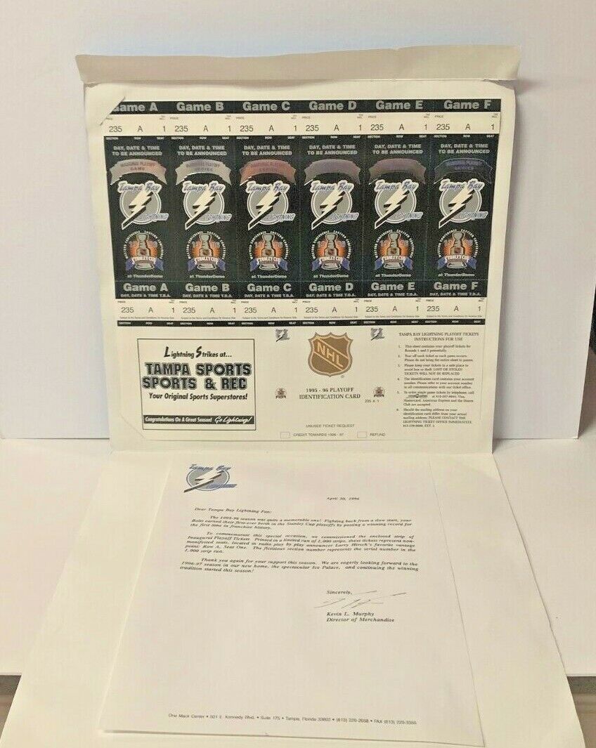 Tampa Bay Lightning Full Set Playoff Commemorative Tickets 1995-1996 season