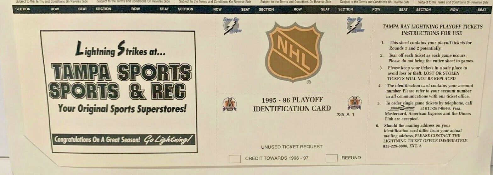 Tampa Bay Lightning Full Set Playoff Commemorative Tickets 1995-1996 season