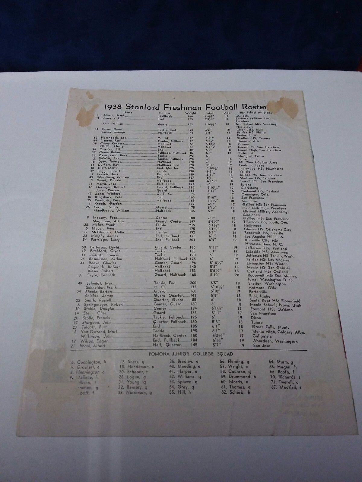 1938 OFFICIAL NCAA COLLEGE FOOTBALL STANFORD VS SANTA CLARA PROGRAM