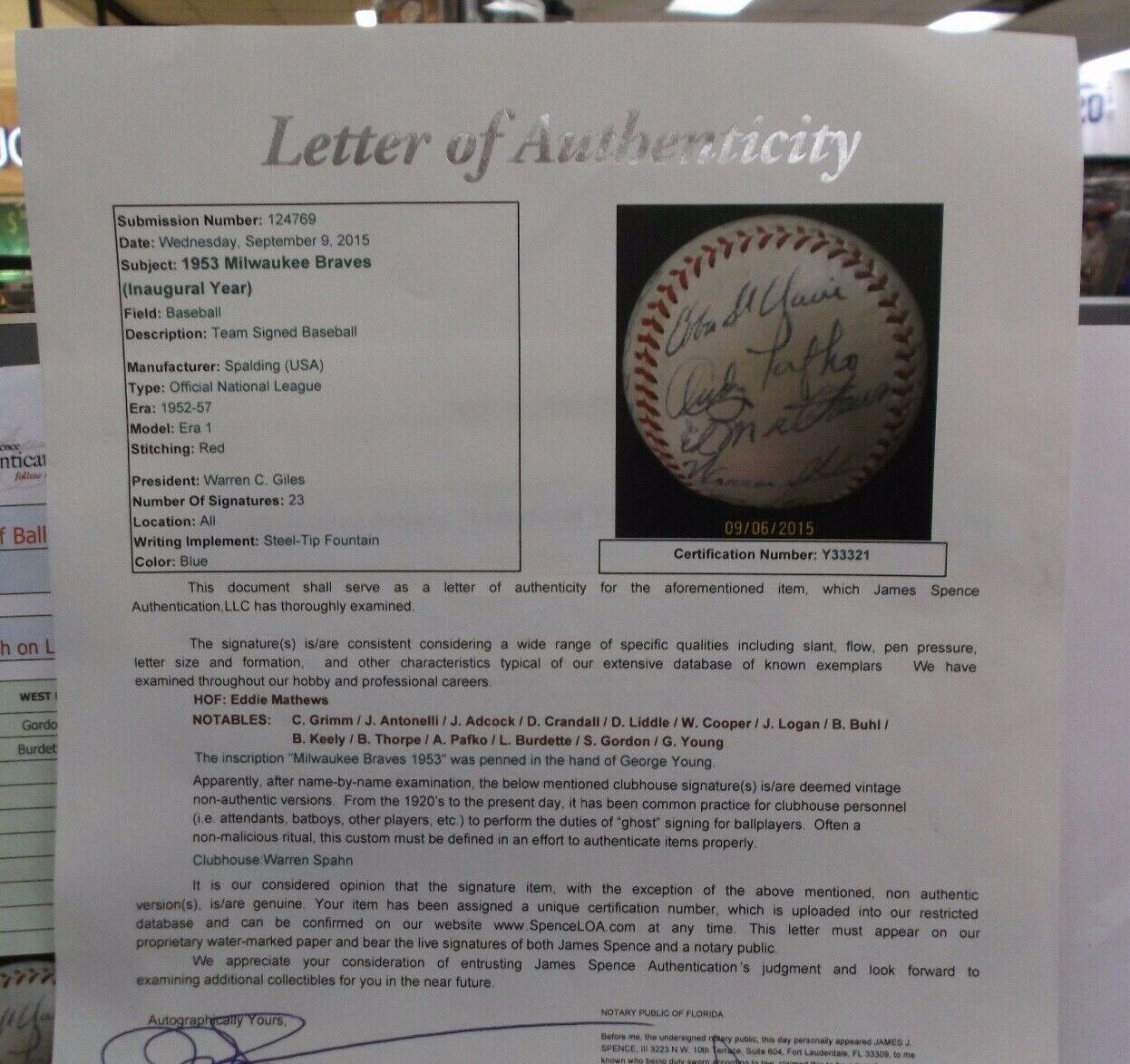 1953 Milwaukee Braves INAUGURAL Team Signed Ball Mathews JSA LOA 23 Signatures