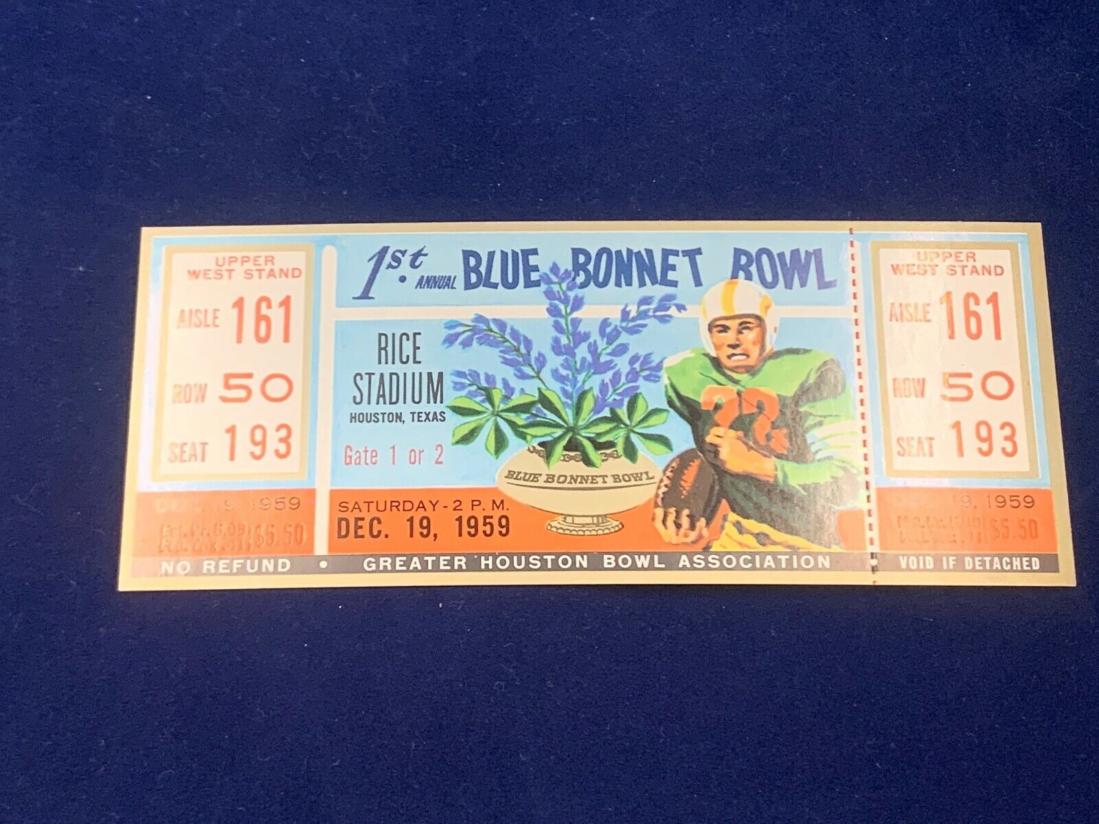 1959 1st Blue Bonnet Bowl Full Ticket NM-MT Clemson Vs. TCO Seat 193