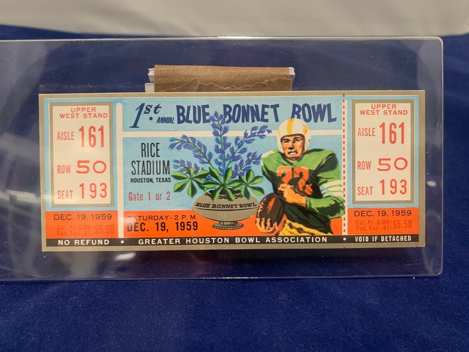 1959 1st Blue Bonnet Bowl Full Ticket NM-MT Clemson Vs. TCO Seat 193