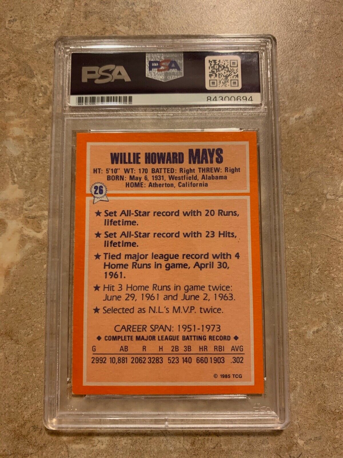 1985 Topps Collectors' Series Willie Mays Autographed Card PSA