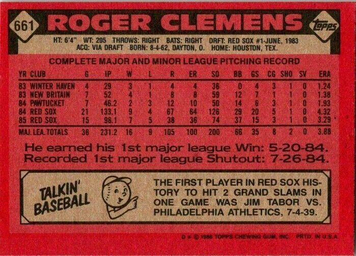 1986 Topps Baseball Card Roger Clemens Misprint Card! 661 Blank Front