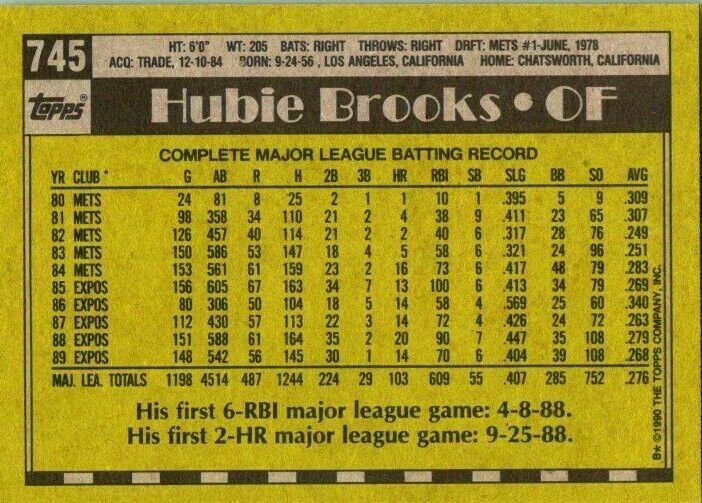 1990 Topps Baseball Card Hubie Brooks Misprint Card 745 Blank Front