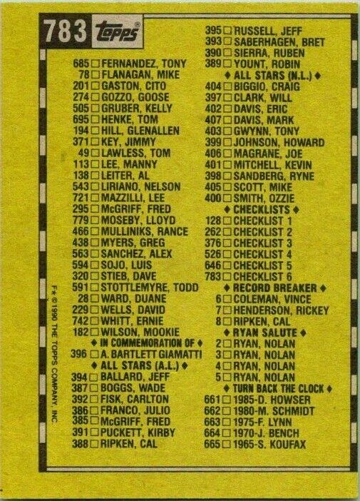 1990 Topps Baseball Card Checklist Misprint Off center Card 783 Blank Front