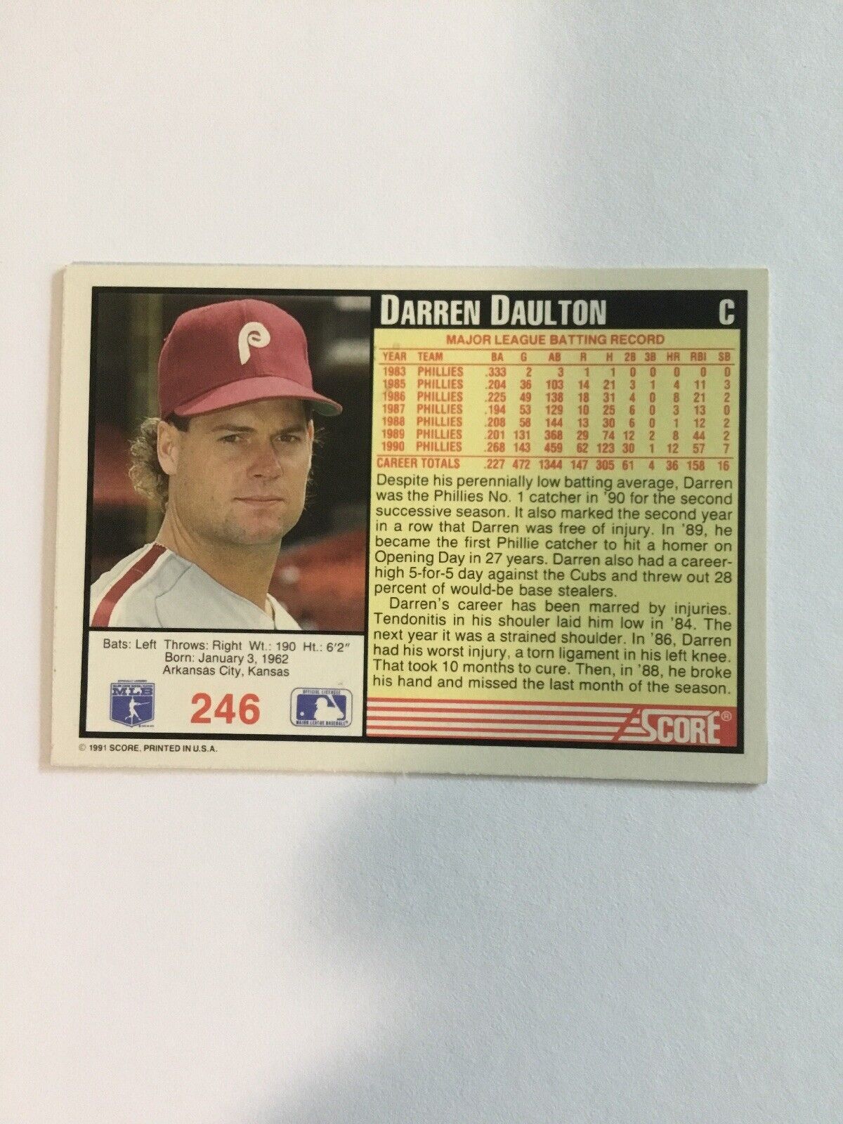 1991 Score Darren Daulton Autographed signed Baseball Card