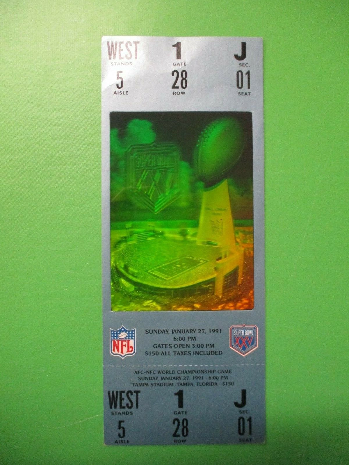 1991 Super Bowl 25 Full Ticket Bills vs Giants Holographic Tampa Florida NFL