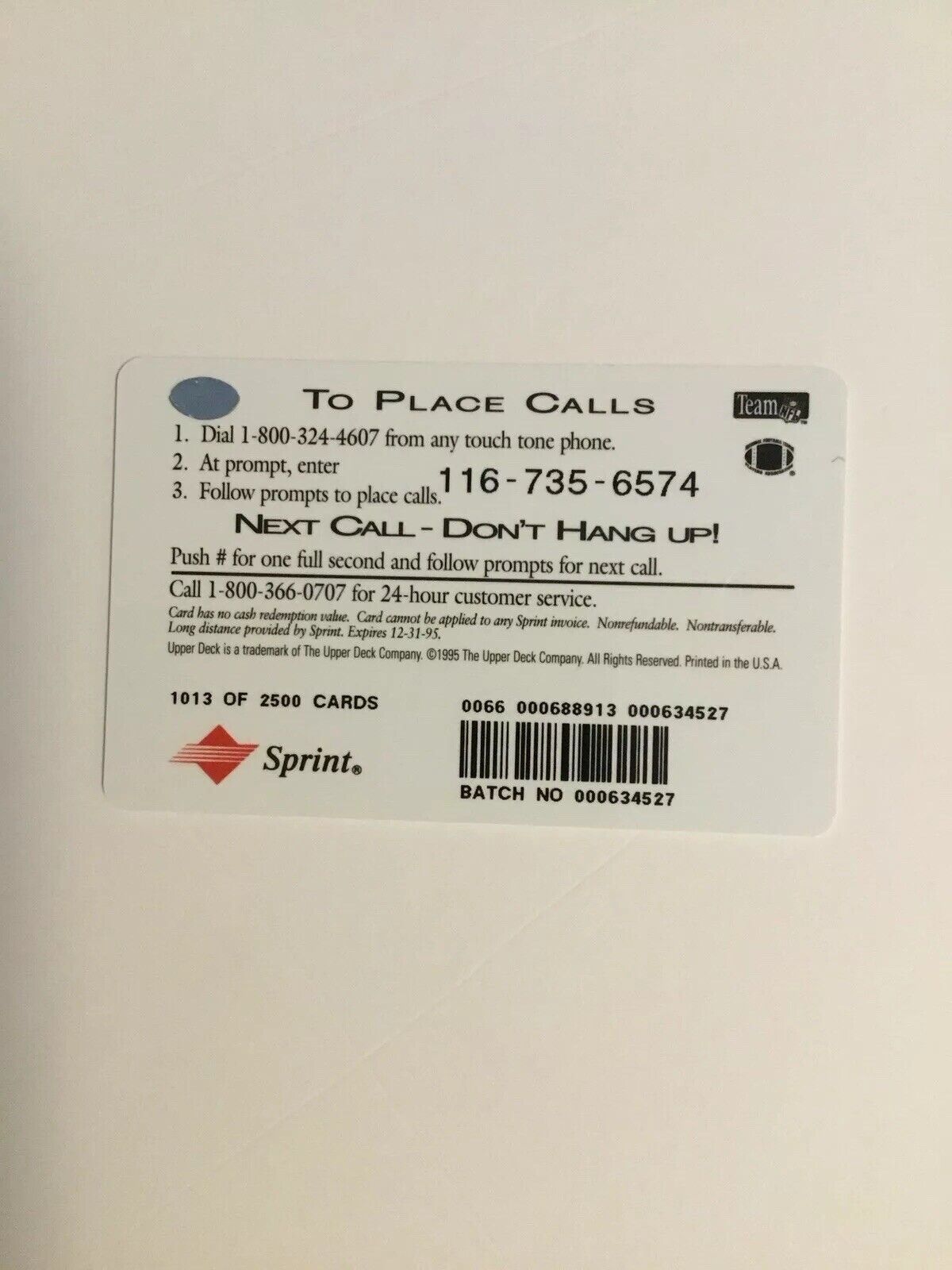 1994 Upper Deck NFC Phone Card Featuring Rodney Hampton GTE