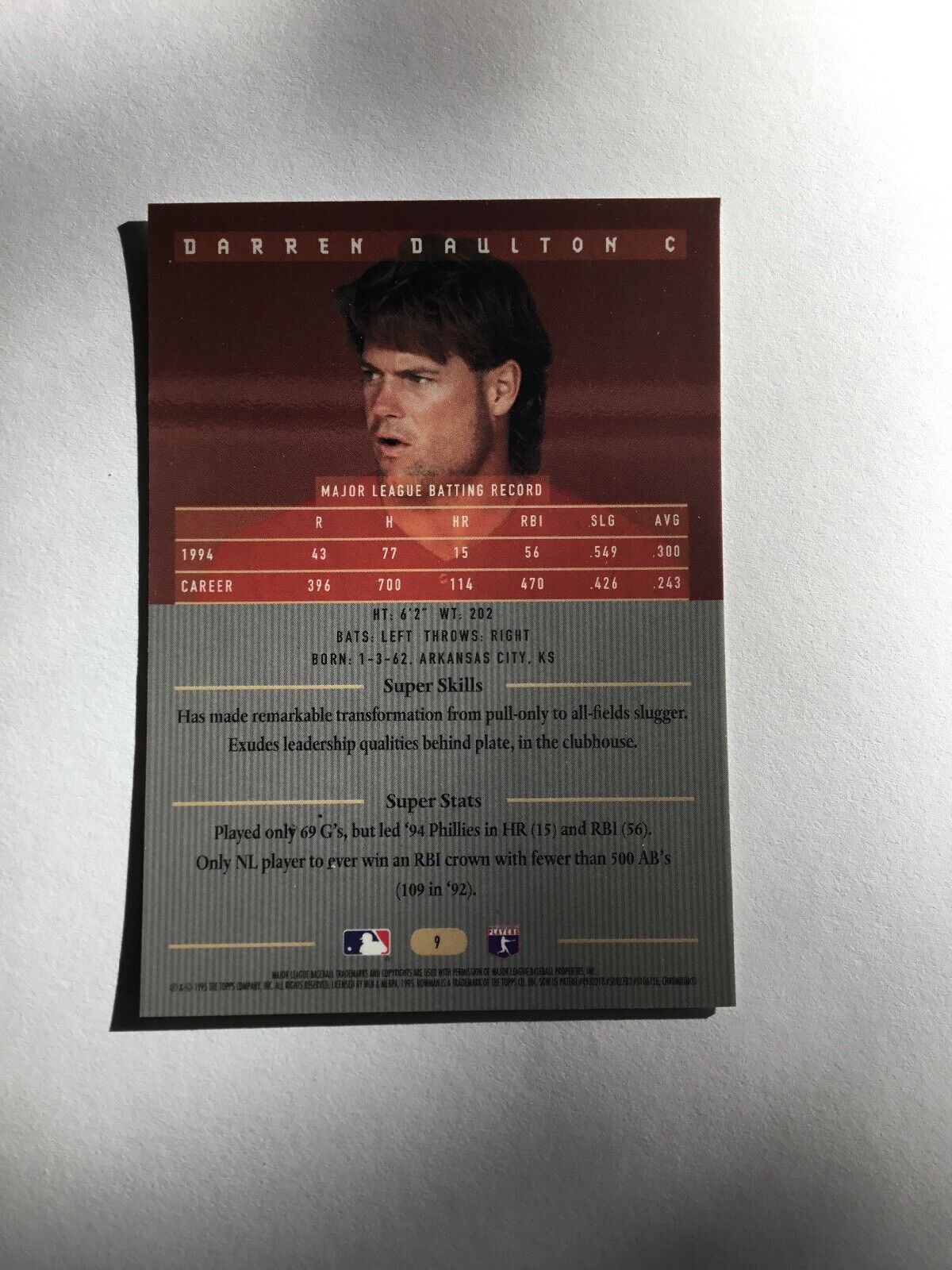 1995 Bowman’s Best Darren Daulton Autographed signed Baseball Card