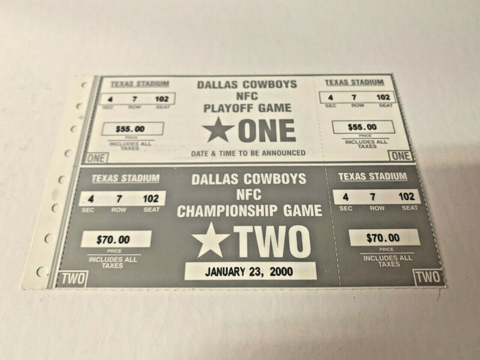 2000 Dallas Cowboys Playoff Ticket sheet Game 1-2 Full Unused Ticket Phantom