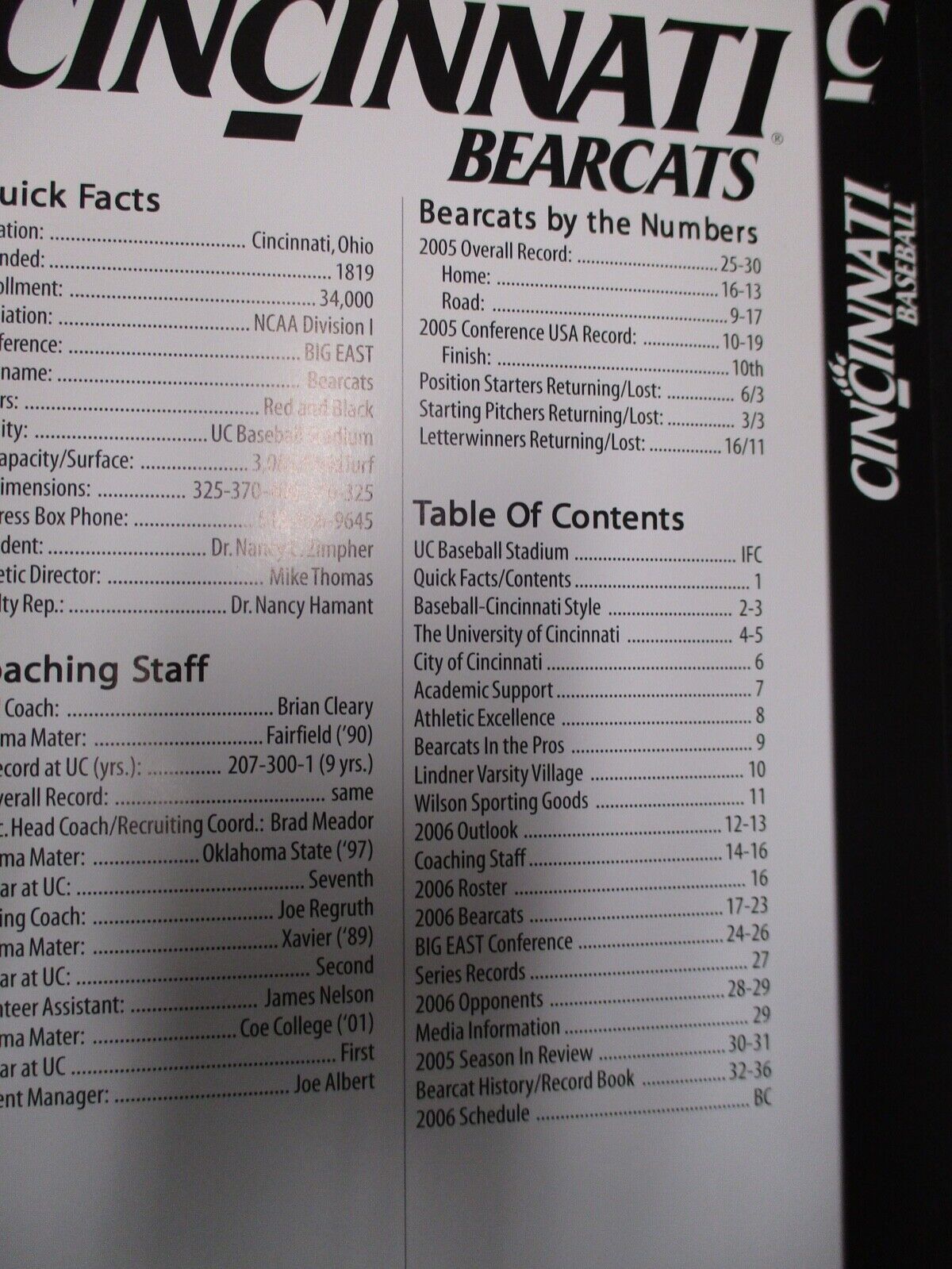 2006 Cincinnati Bearcats College Baseball Media Guide John Deluca LaFr -  All Sports Custom Framing