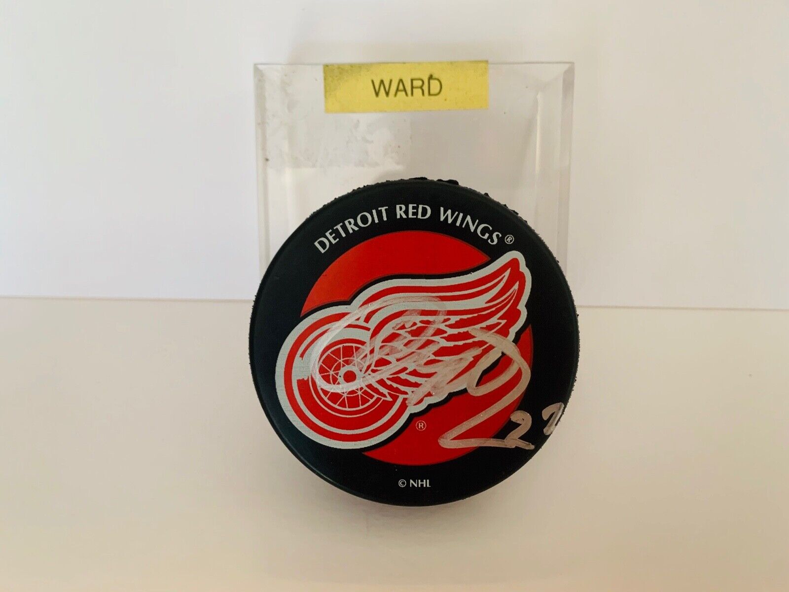 Aaron Ward Autographed Signed NHL Licensed Hockey Puck Red Wings Team Logo