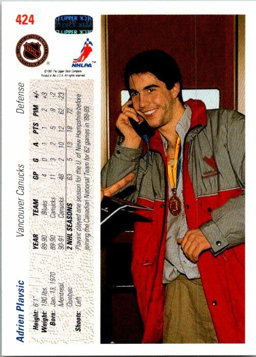 Adrien Plavsic Canucks Hand Signed 1991-92 Upper Deck Hockey Card 424 NM