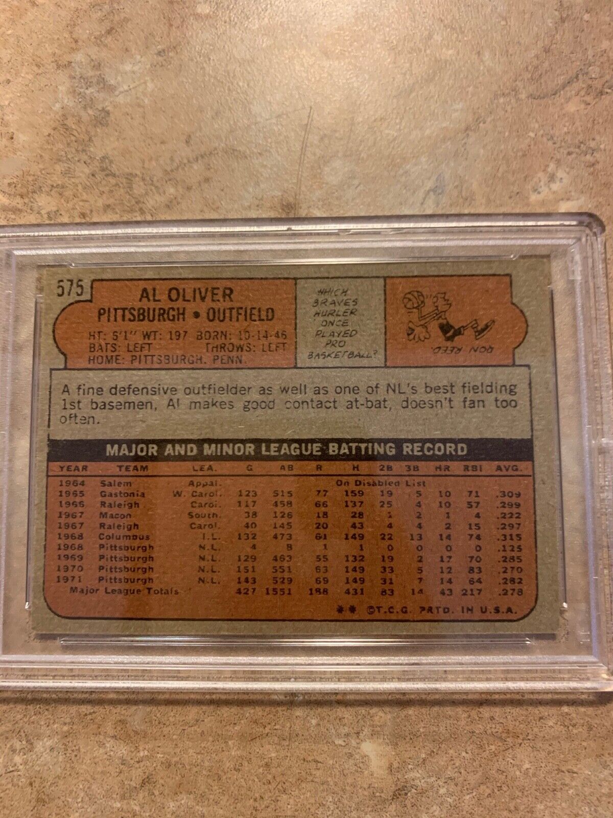 Al Oliver Pirates Autographed 1972 Topps Card 575 PSA Certified & Slabbed