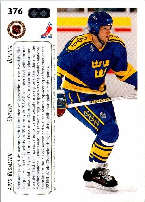 Arto Blomsten Team Sweden Hand Signed 1992-93 Upper Deck Hockey Card 376 NM-MT