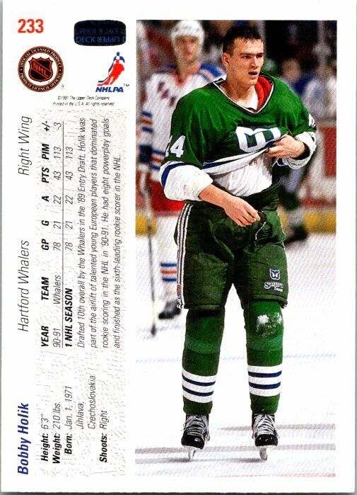 Bobby Holik Hartford Whalers Hand Signed 1991-92 UD Card 233 in NM-MT