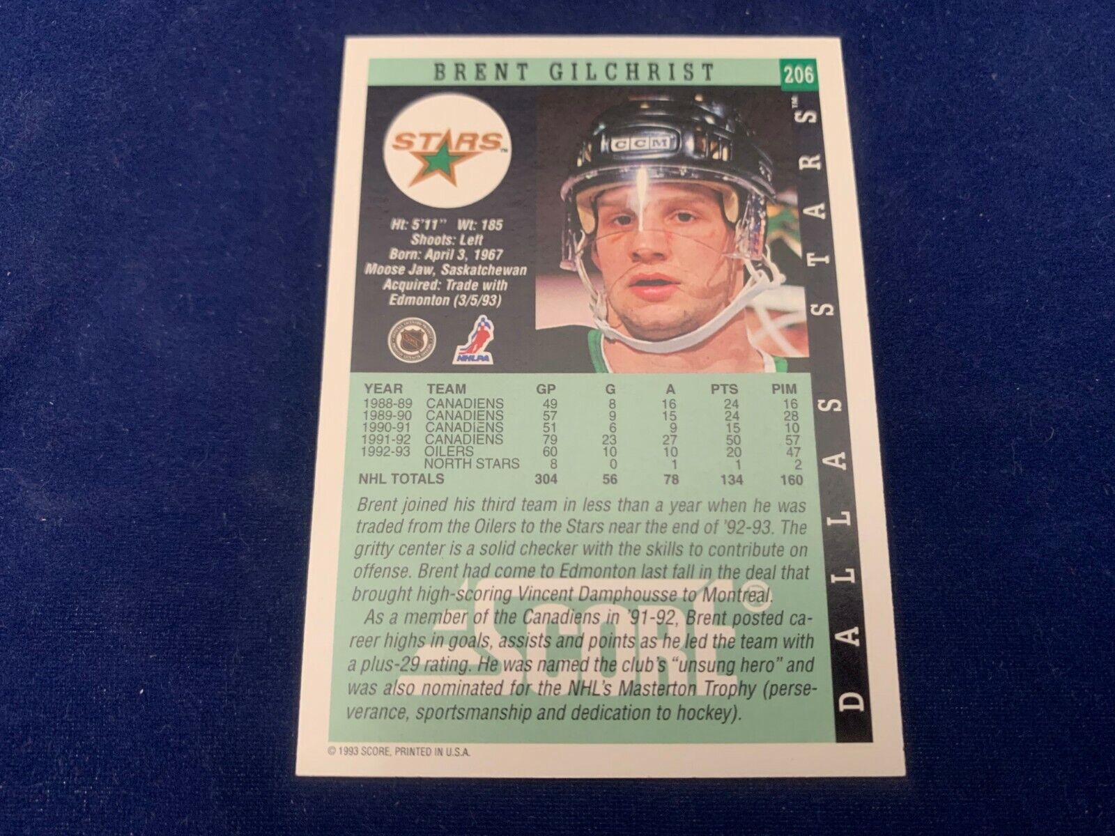 Brent Gilchrist Dallas Stars Hand Signed 1993 Score Hockey Card 206 NM