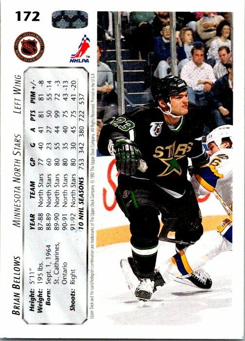 Brian Bellows Dallas Stars Hand Signed 1992-93 UD Hockey Card 172 NM-MT