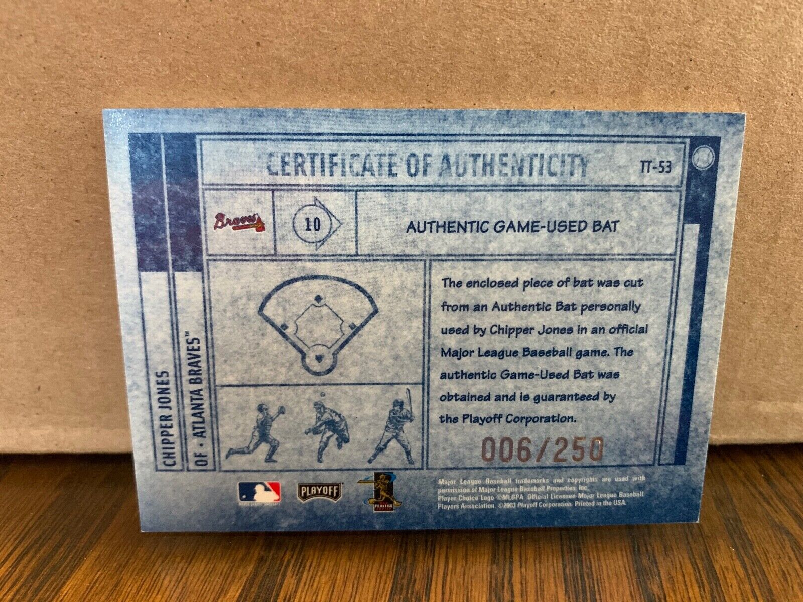 Chipper Jones Atlanta Braves 2003 Playoff Absolute Memorabilia Bat Card 6/250
