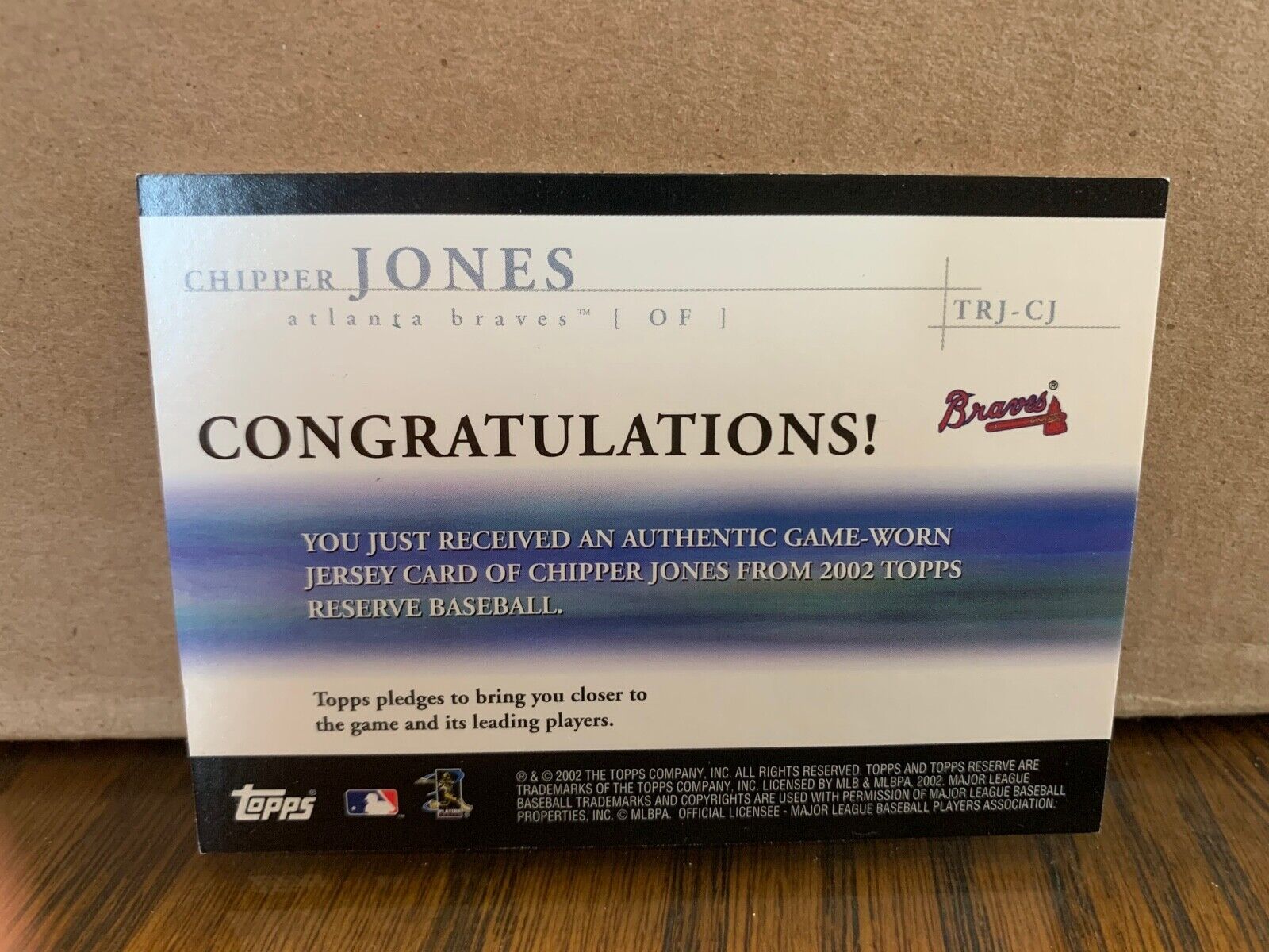 Chipper Jones Braves 2002 Topps Reserve Jersey Card TRJ-CJ MLB Atlanta Braves
