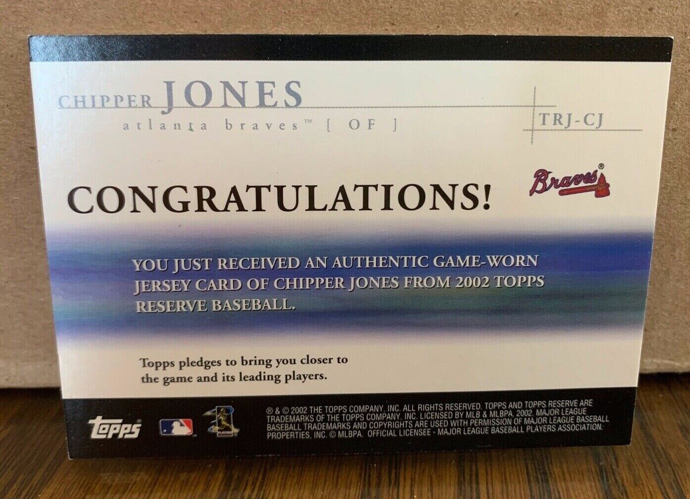 Chipper Jones Braves 2002 Topps Reserve Jersey Card TRJ-CJ MLB Atlanta Braves