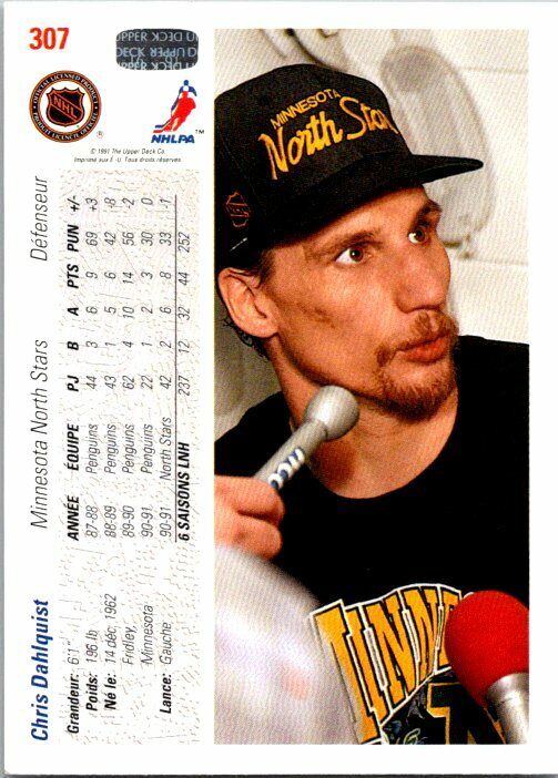 Chris Dahlquist North Stars Hand Signed 1991-92 UD Hockey Card 307 NM-MT