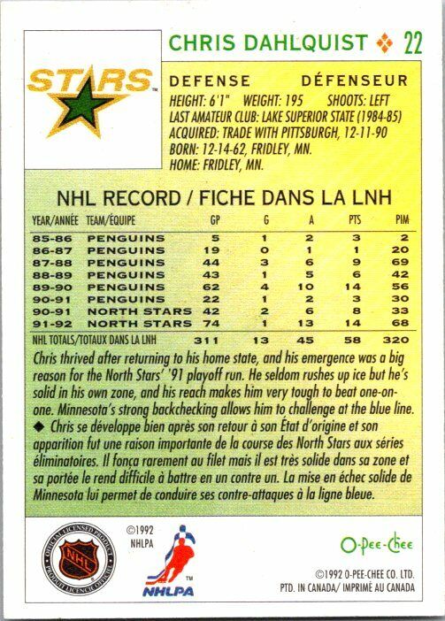 Chris Dahlquist North Stars Hand Signed 1992-93 OPC Hockey Card 22 NM-MT