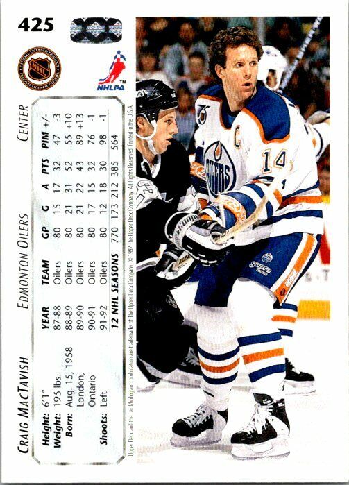 Craig MacTavish Edmonton Oilers Hand Signed 1992-93 UD Card 425 NM-MT