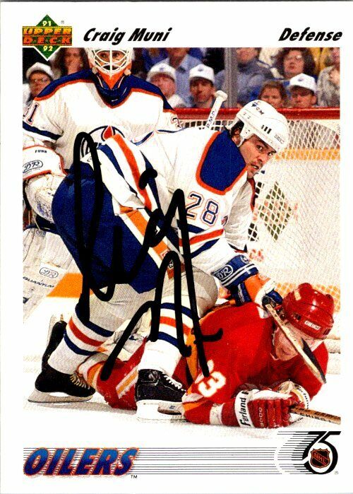 Craig Muni Edmonton Oilers Hand Signed 1991-92 Upper Deck Hockey Card 372 NM