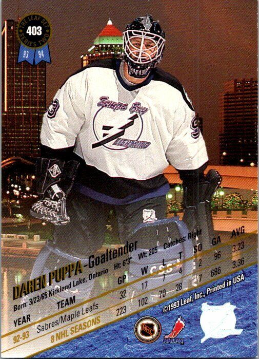 Daren Puppa Tampa Bay Lightning Hand Signed 1993-94 Leaf Hockey Card 403 NM
