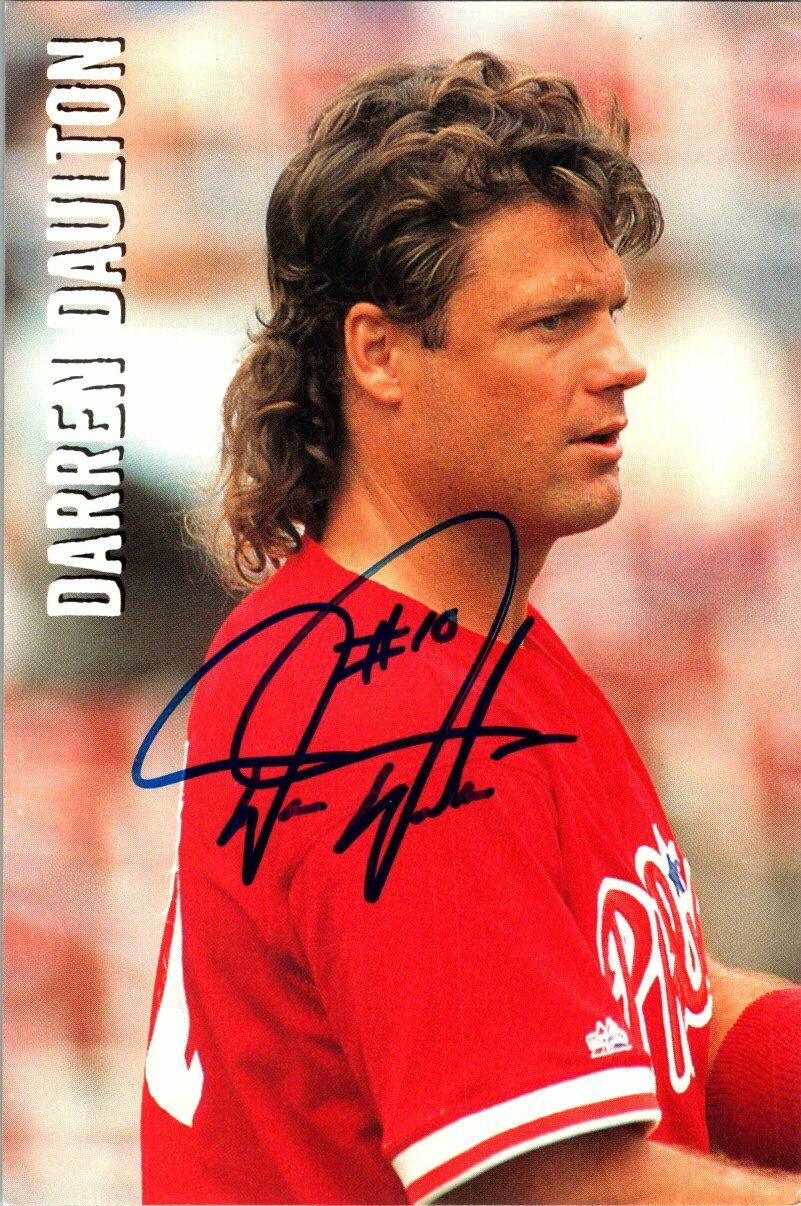 Darren Daulton 1995 Phillies Autographed Team Issued 4x6 Postcard Blue Sharpie