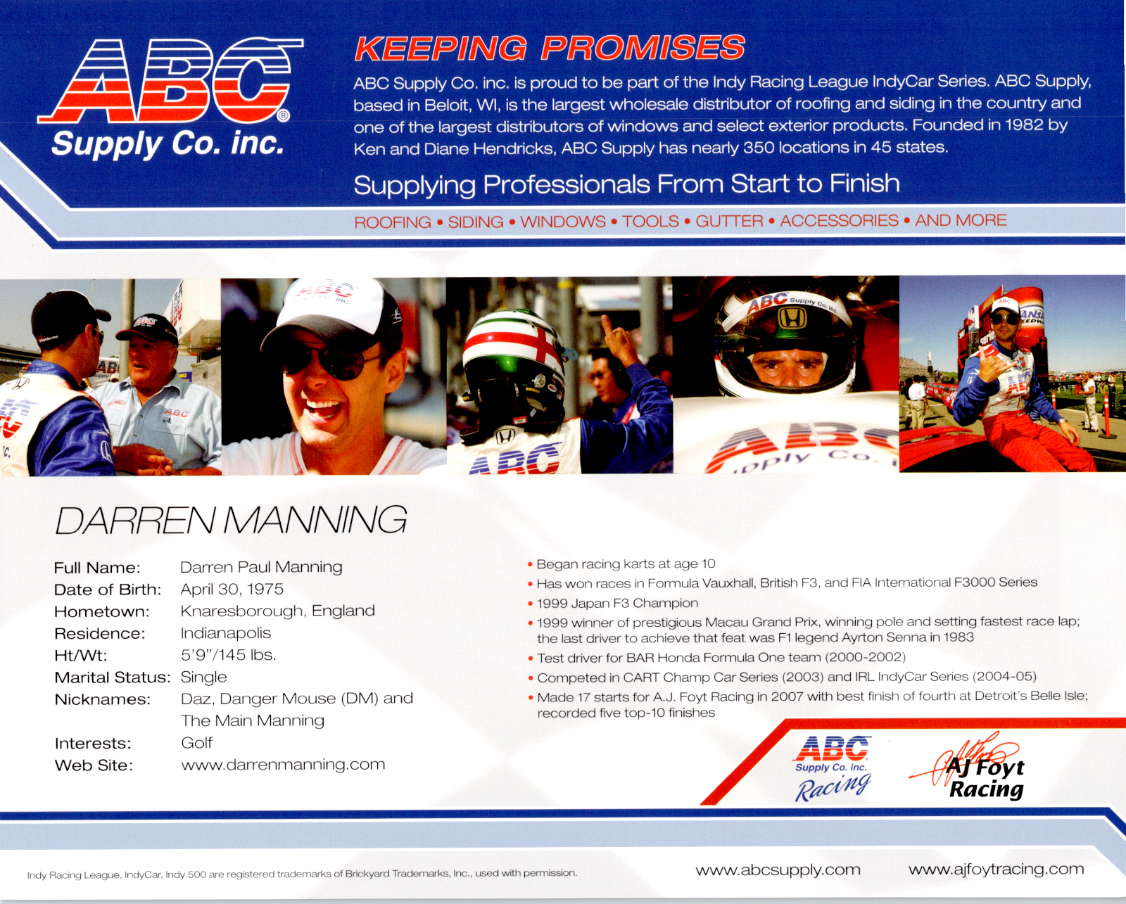 Darren Manning ABC Supply Company Signed Autographed Cardstock 8x10 Photo