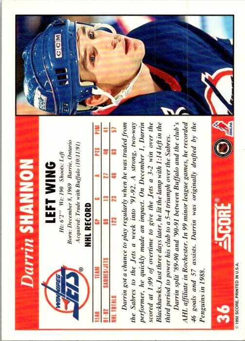Darrin Shannon Winnipeg Jets Hand Signed 1992-93 Score Hockey Card 36 NM